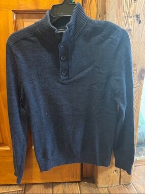 Express Men's Navy V-Neck Button Mock Sweater